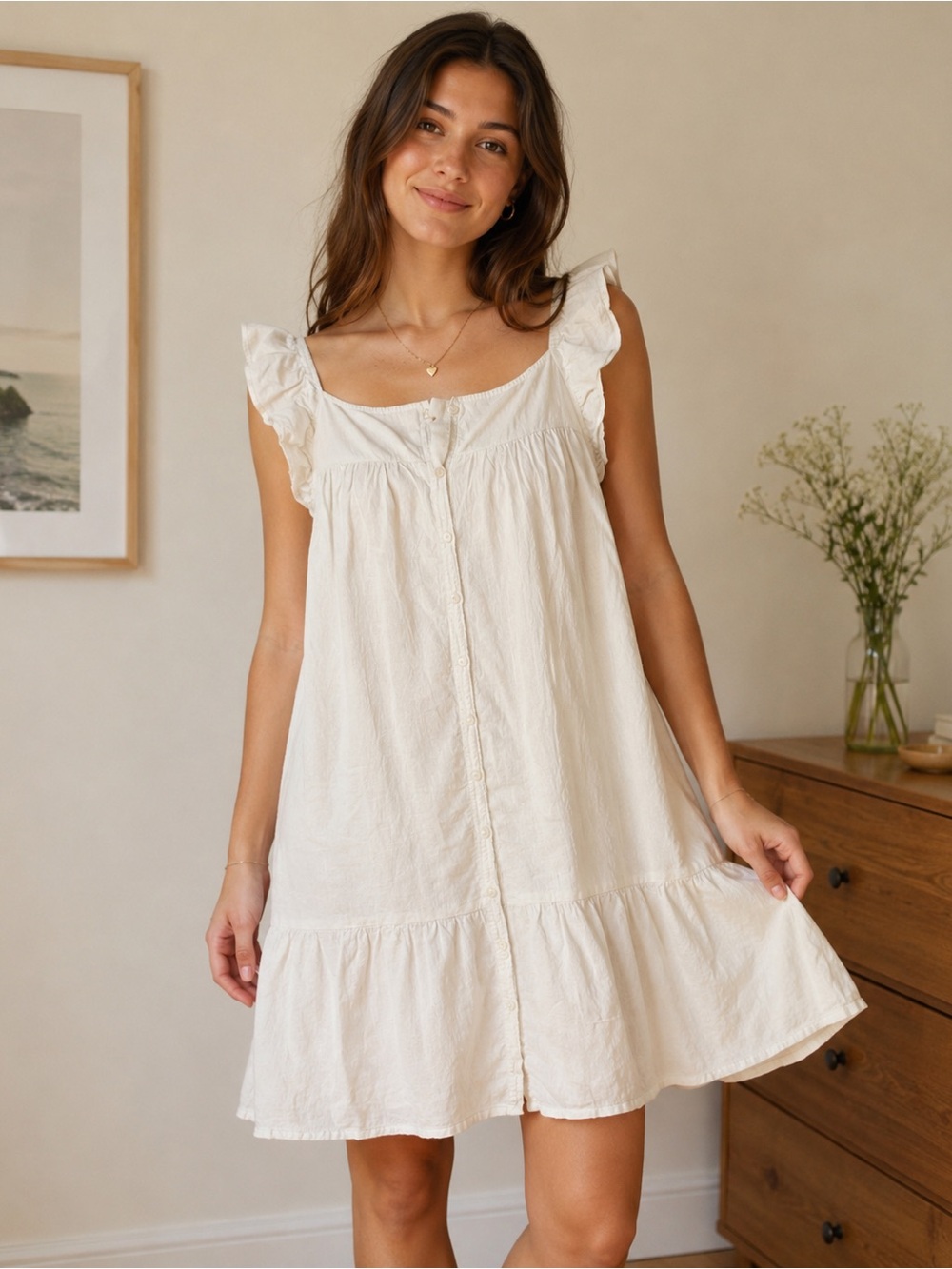 Universal Thread Cream Ruffle-Shoulder Button-Front Midi Dress - Picture 8 of 8
